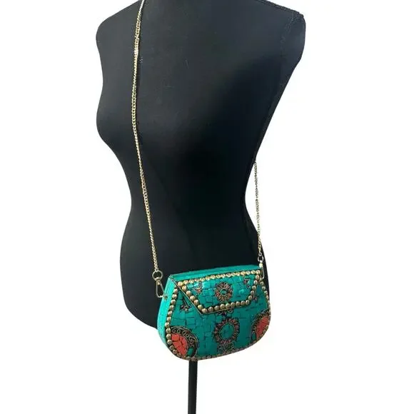 Ramla Handmade Moroccan Turquoise Tile Mosaic Clutch Crossbody with Gold Chain - Picture 9 of 9